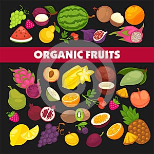 Organic fruits and berries harvest poster of fresh apple and mango or pineapple, natural pear, grape and tropical banana