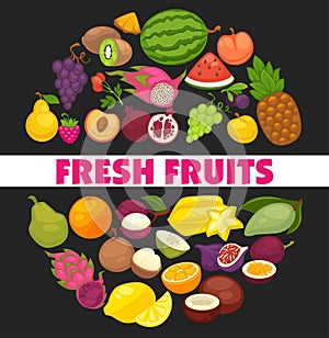 Organic fruits and berries harvest poster of fresh apple and mango or pineapple, natural pear, grape and tropical banana