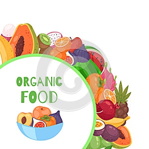 Organic fruits circle background cartoon vector illustration.
