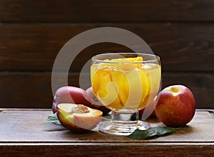 Organic fruits, ripe canned peaches
