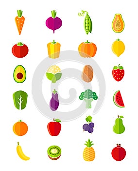 Organic fruits and vegetables flat style icons set