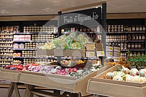 Organic fruits and vegetables in a French supermarket