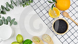 Organic fruits on wooden table