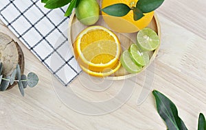 Organic fruits on wooden table