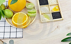 Organic fruits on wooden table