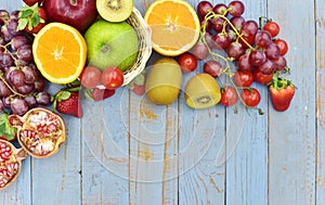 Organic fruits on wooden table