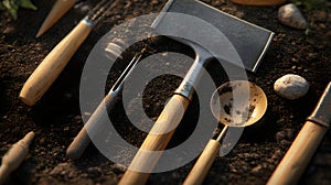 Organic gardening tools set on soil background.