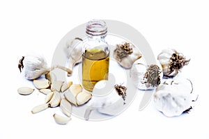 Organic Garlic oil in a transparent glass bottle isolated on white along with fresh garlic cloves and garlic bulbs.