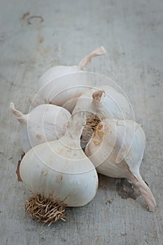 Organic garlic on a wooden board