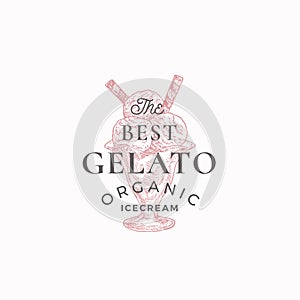 Organic Gelato Abstract Sign, Symbol or Logo Template. Hand Drawn Ice Cream Sketch Illustration with Typography. Italian