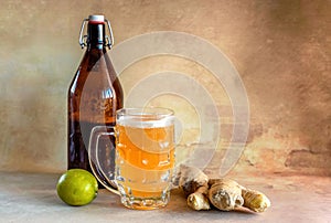 Organic Ginger Ale Soda in a Glass with Lemon and Lime