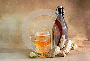 Organic Ginger Ale Soda in a Glass with Lemon and Lime