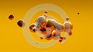 Organic gold colored fluid metaball liquid drops floating in mid-air, abstract modern design element or background on yellow