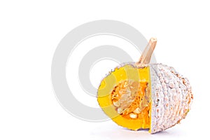 Organic golden pumpkin squash slices with seeds on white background healthy kabocha Vegetable food isolated