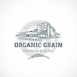 The Organic Grain Elevator Abstract Vector Sign, Symbol or Logo Template. Elegant Farm Landscape Drawing Sketch with photo