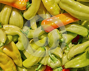 Organic green and orange peppers top view, natural background