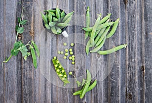 Verde guisantes sobre el resistido de madera 