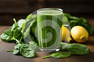 Organic green spinach smoothie glass on wooden table. Generate ai