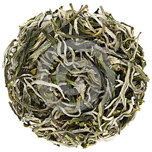 Organic gren tea Cui Ming Bright Emerald round shape isolated photo