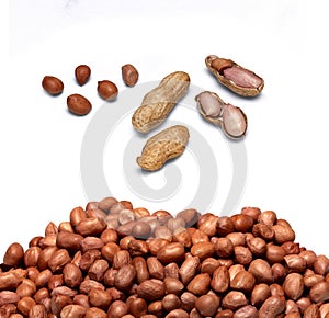 Organic Groundnuts shelled and in a nutshell, Big peanut set isolated on a white background