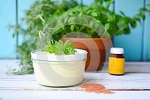 organic hair conditioner placed near a fresh pot of basil