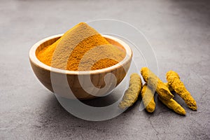 Organic Haldi or Turmeric powder spice pile in a bowl with whole, selective focus