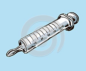 Organic hand drawn big glass syringe without needle or feeding tube on blue background. Stock illustration.