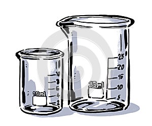 Organic hand drawn laboratory glass measuring beakers isolated on white background