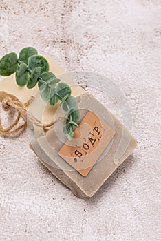 Organic Handmade Soap with Clay and Olive Oil Light Grey Background Vertical