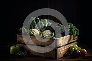 Organic harvest: farm-fresh produce in wooden crate