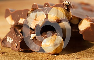 Organic hazelnuts in the milk chocolate on wooden tray.