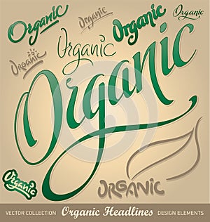 Organic headlines, hand lettering set (vector)