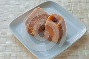 Organic and healthy sweetner- jaggery blocks in a plate