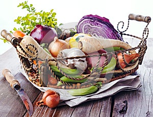 Organic healthy vegetables in the rustic basket