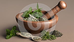 Organic herbs and spices, freshly ground in a wooden mortar and pestle
