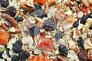 Organic homemade Granola with oats, nuts and dried fruits. Texture oatmeal granola or muesli as background. Fitness breakfast. Hea