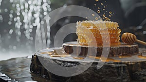 organic honey as it flows slowly and gracefully from honeycombs onto a small wooden board, the golden hues and viscosity