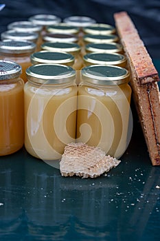 Organic honey from farm bee apiary on mountains meadows with summer wild flowers for sale in farm shop