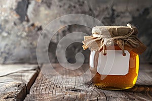 Organic Honey Jar on Rustic Wooden Table with Blank Label
