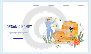 Organic honey website mockup with apiarist male character.