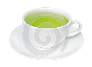 Organic hot green tea drink in ceramic cup isolated on white background, clipping path