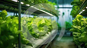 Organic hydroponic vegetable garden inside a warehouse. Salad vegetables. Soilless culture of vegetables. Plant factory. Lettuce