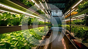 Organic hydroponic vegetable garden inside a warehouse. Salad vegetables. Soilless culture of vegetables. Plant factory. Lettuce