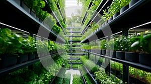 Organic hydroponic vegetables plots growing on indoor vertical farm. Vertical farming is sustainable agriculture for