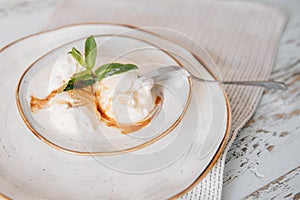 Organic ice cream homemade with natural ingredients with fresh green leaf of mint. Top view