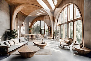 Organic interior design of modern living room. Rustic furniture in spacious room with arched windows and high wooden ceiling.