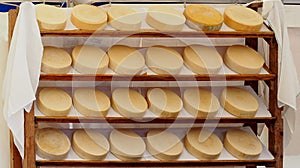 Organic italian cheese wheels on a shelf of a rural market.