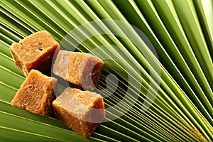 Organic jaggery cubes on palm tree leaf