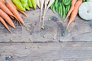 Organic just picked vegetables on the old vintage wooden table. Copy space for text. From local market. Sustainable cultivation.