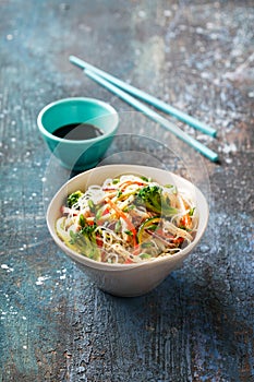 Organic kelp noodles with zucchini, broccoli, carrots, green onions and meat